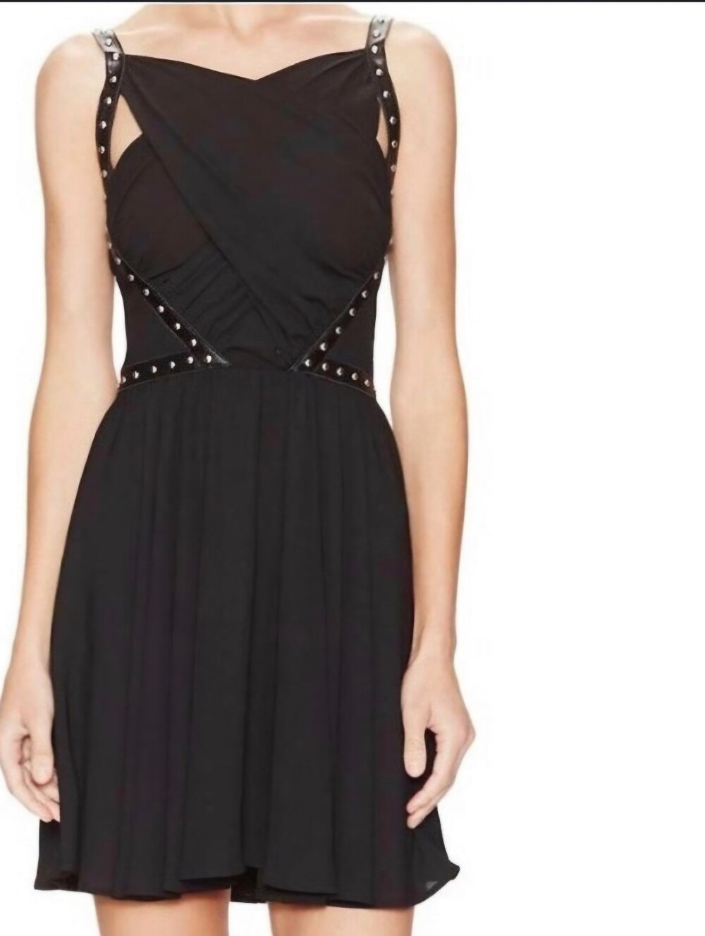 The Kooples Black Vegan Leather & Stud Detail Fit & Flare Dress- S